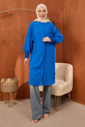 Saks Mavi Kolları Nervürlü Linda Tunik