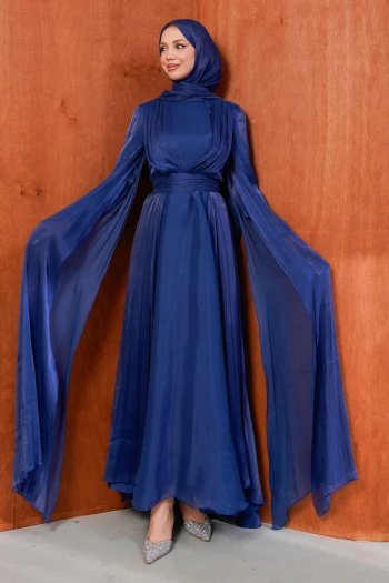 Saks Mavi Omuz Detaylı Drapeli Abiye