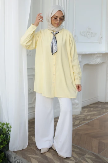 Sarı Etnik Fularlı Modal Dokuma Gömlek
