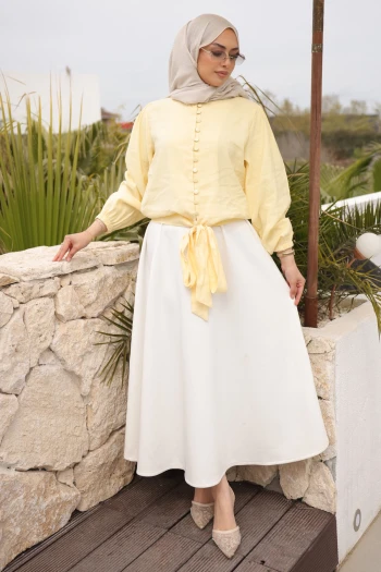 Sarı Kol Lastikli Bel Bağlamalı Gömlek