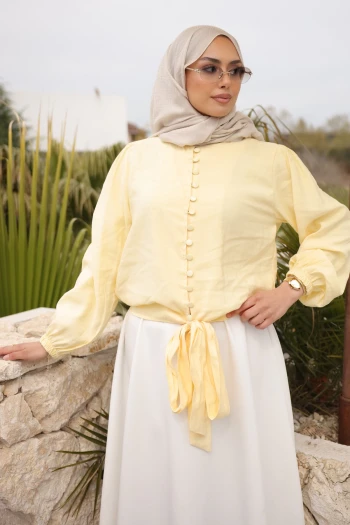 Sarı Kol Lastikli Bel Bağlamalı Gömlek