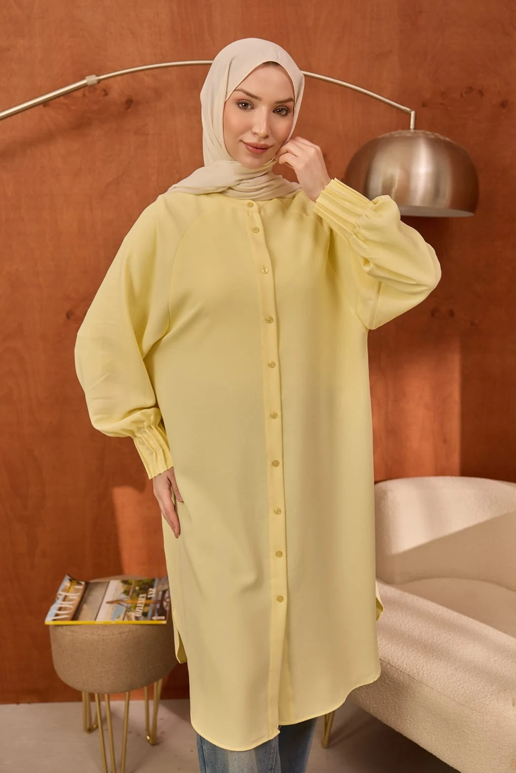 Sarı Kolları Nervürlü Linda Tunik