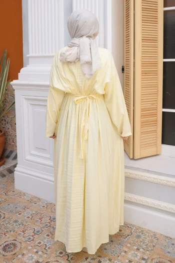 Sarı Pens Dikişli Bel Lastikli Modal Dokuma Elbise