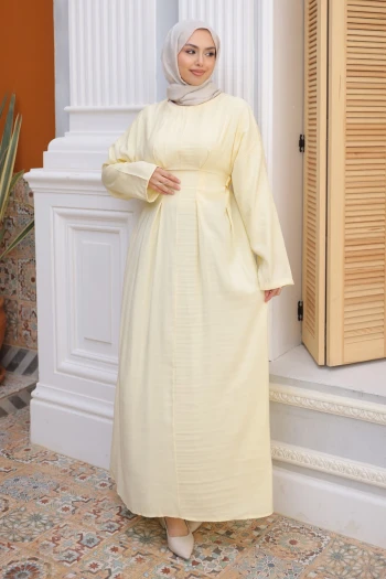 Sarı Pens Dikişli Bel Lastikli Modal Dokuma Elbise