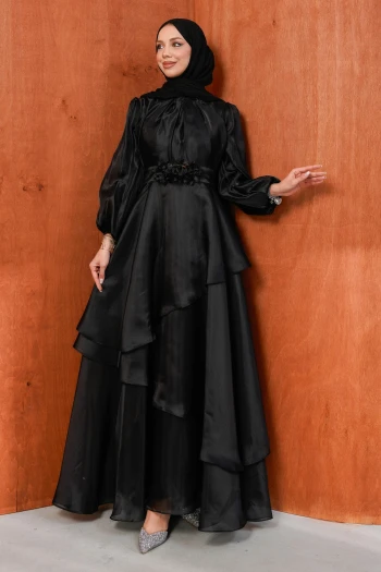 Siyah Balon Kol Katlı Abiye