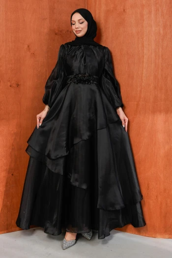 Siyah Balon Kol Katlı Abiye