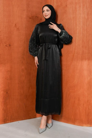Siyah Balon Kol Taşlı Abiye