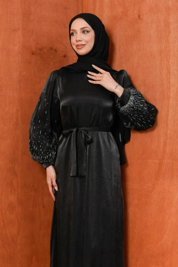 Siyah Balon Kol Taşlı Abiye