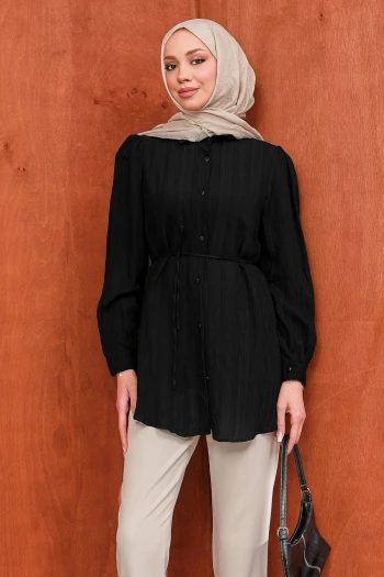 Siyah Bel Bağlamalı Düğmeli Tunik