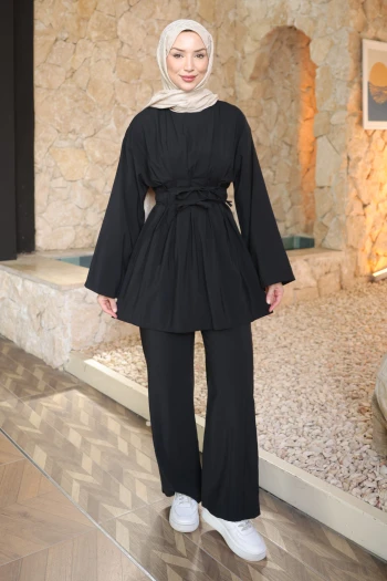 Siyah Bel Bağlamalı Tunik Pantolonlu Modal Takım