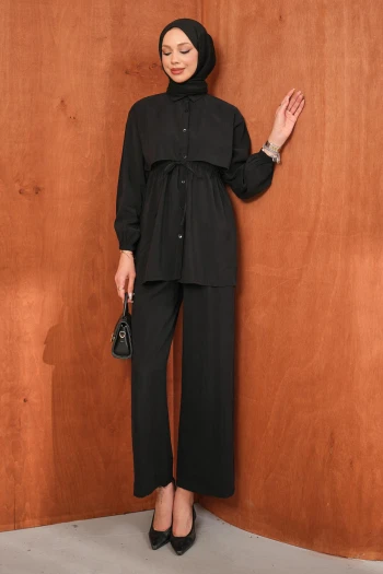 Siyah Bel Bağlamalı Tunik Pantolonlu Takım