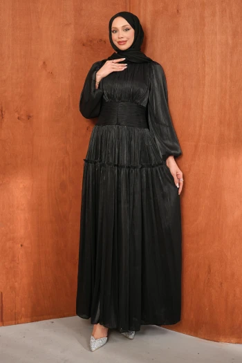 Siyah Bel Büzgülü Katlı Abiye