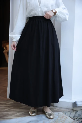 Siyah Bel Lastikli Cepli Kot Etek