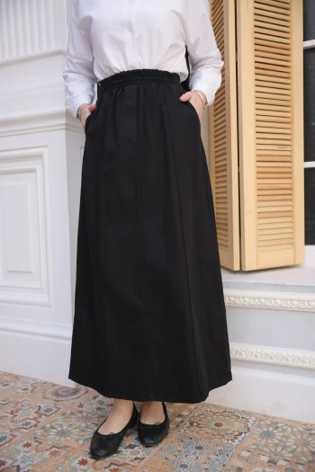 Siyah Bel Lastikli Çimalı Kot Etek