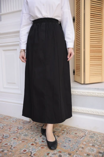 Siyah Bel Lastikli Çimalı Kot Etek