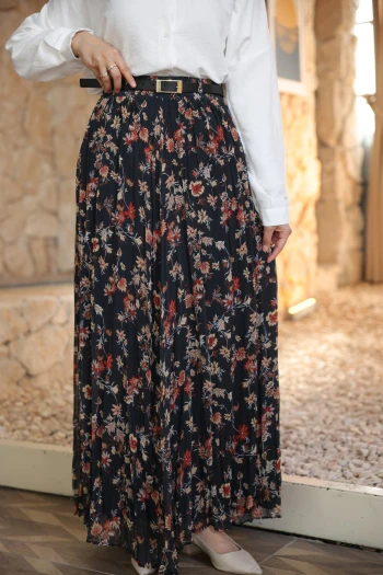 Siyah Bel Lastikli Desenli Şifon Etek