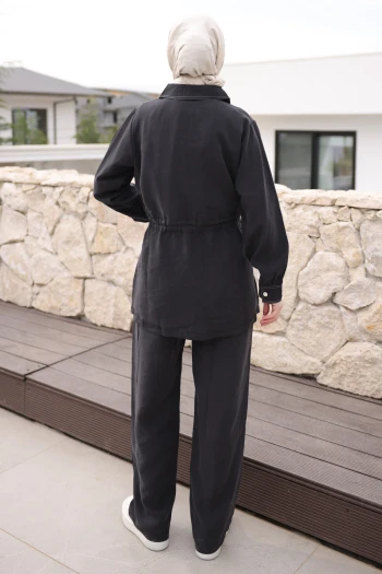 Siyah Bel Lastikli Fermuarlı Ceket Pantolonlu Takım