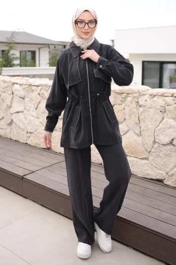 Siyah Bel Lastikli Fermuarlı Ceket Pantolonlu Takım