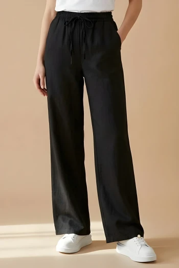 Siyah Bel Lastikli Palazzo Kot Pantolon