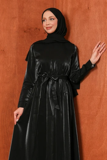 Siyah Bel Lastikli Saten Kuşaklı Abiye