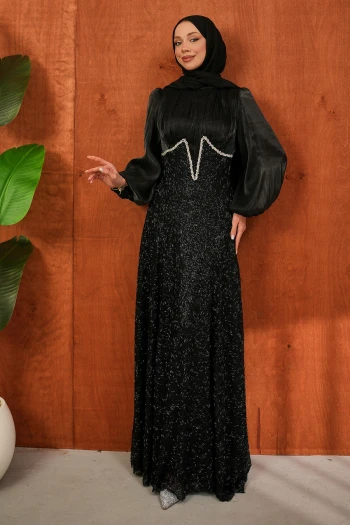 Siyah Boncuk İşlemeli Balık Model Abiye