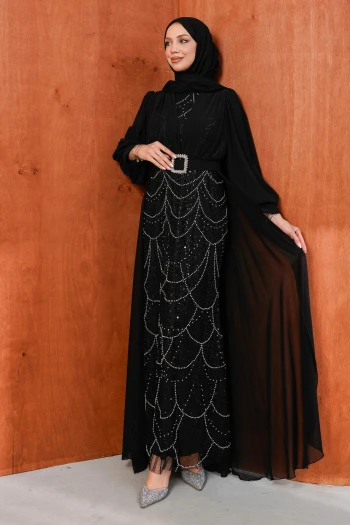 Siyah Boncuklu Şifon Abiye