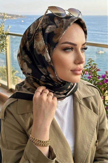 Siyah Çiçek Desenli Soft Eşarp