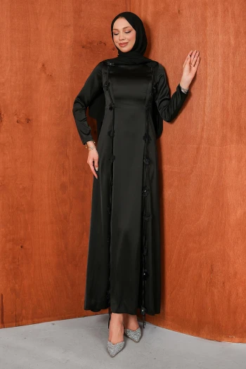 Siyah Çiçek Detaylı Saten Abiye