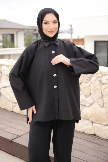 Siyah Düğmeli Geniş Kol Tunik