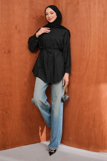 Siyah Düğmeli İp Bağlamalı Modal Gömlek