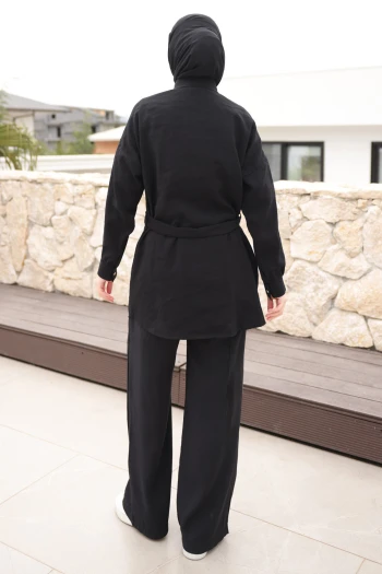 Siyah Düğmeli Kuşaklı Tunik