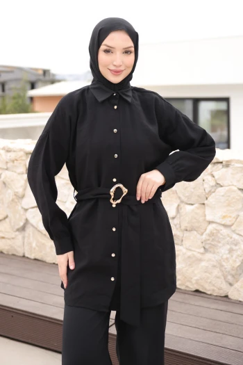 Siyah Düğmeli Kuşaklı Tunik