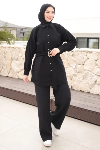 Siyah Düğmeli Kuşaklı Tunik