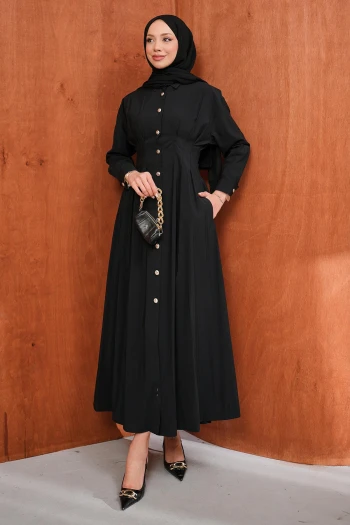 Siyah Düğmeli Pileli Elbise