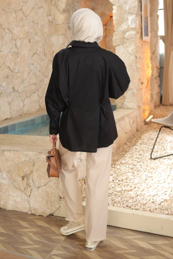 Siyah Düğmeli  Yarasa Kol Terikoton Gömlek