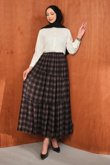 Siyah Eteği Katlı Desenli Şifon Etek