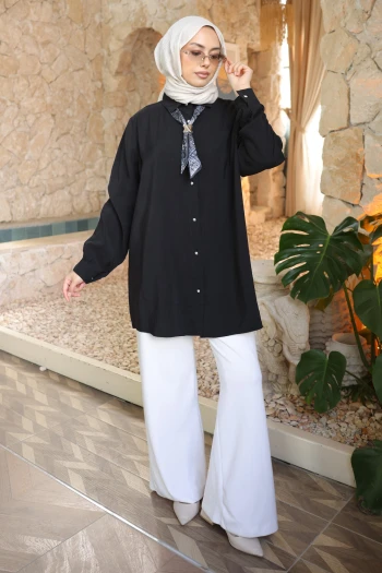 Siyah Etnik Fularlı Modal Dokuma Gömlek