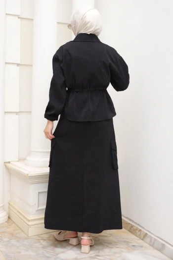 Siyah Fermuarlı Ceket Kargo Cepli Etekli Takım