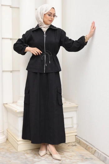 Siyah Fermuarlı Ceket Kargo Cepli Etekli Takım