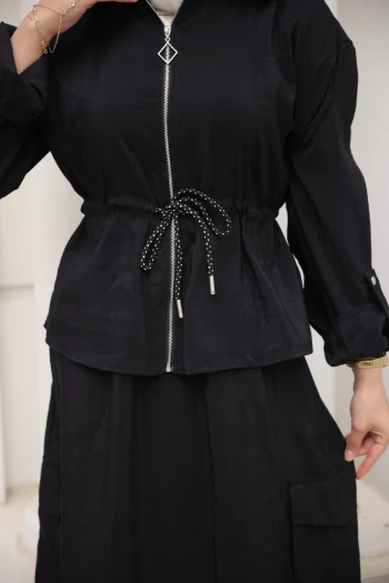 Siyah Fermuarlı Ceket Kargo Cepli Etekli Takım