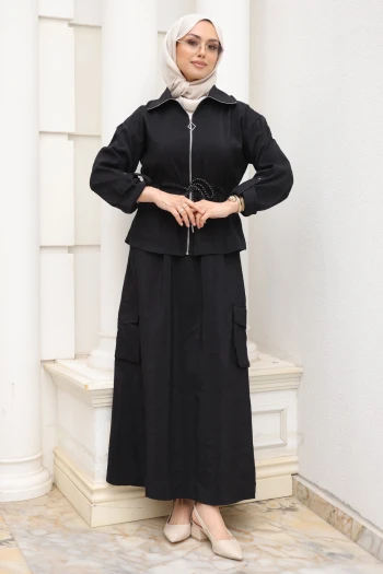 Siyah Fermuarlı Ceket Kargo Cepli Etekli Takım