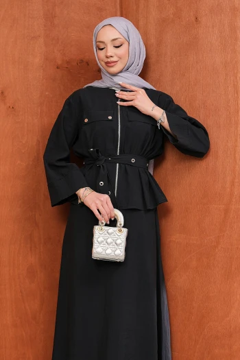 Siyah Fermuarlı Kuşgözlü Kemerli Ceket Etekli Takım