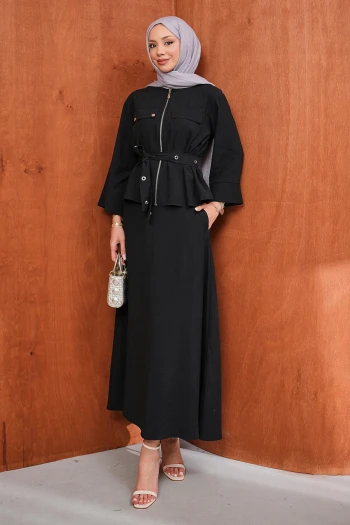 Siyah Fermuarlı Kuşgözlü Kemerli Ceket Etekli Takım