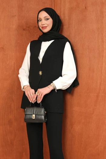 Siyah Gömlek Yelek Pantolonlu 3'lü Kombin Takım