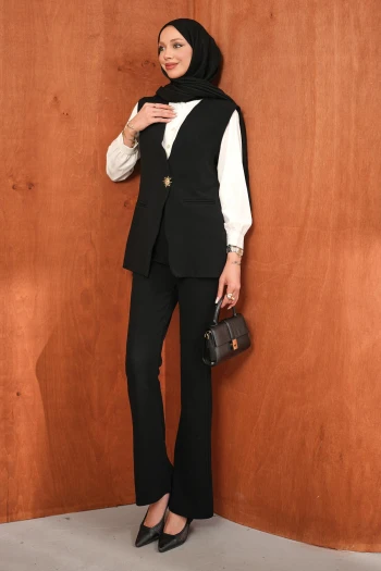 Siyah Gömlek Yelek Pantolonlu 3'lü Kombin Takım