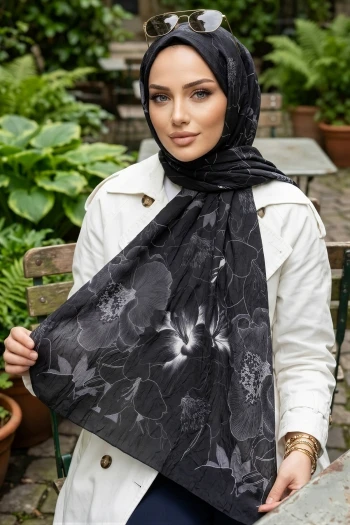 Siyah İpekhan Desenli Kraş Şal