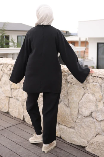 Siyah İspanyol Kol Tunik Pantolonlu Takım