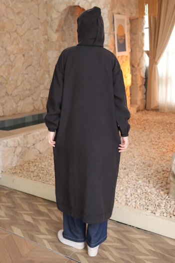 Siyah Kapüşonlu Fermuarlı Kap