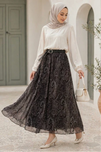 Siyah Kemerli Desenli Şifon Etek