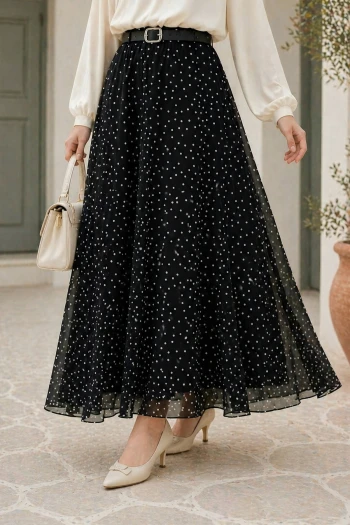 Siyah Kemerli Puantiyeli Şifon Etek